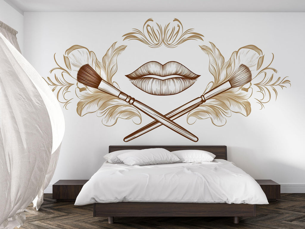Gold Lips Wall Decal Makeup Brush Wall Sticker Luxury Beauty Salon Wall Decor Minimal Line Art Makeup Artist Studio Decor Elegant Glam Wall