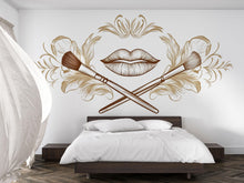 Load image into Gallery viewer, Gold Lips Wall Decal Makeup Brush Wall Sticker Luxury Beauty Salon Wall Decor Minimal Line Art Makeup Artist Studio Decor Elegant Glam Wall