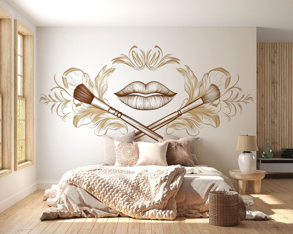 Gold Lips Wall Decal Makeup Brush Wall Sticker Luxury Beauty Salon Wall Decor Minimal Line Art Makeup Artist Studio Decor Elegant Glam Wall