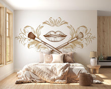 Load image into Gallery viewer, Gold Lips Wall Decal Makeup Brush Wall Sticker Luxury Beauty Salon Wall Decor Minimal Line Art Makeup Artist Studio Decor Elegant Glam Wall