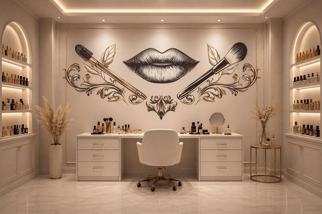Black Gold Lips Wall Decal Makeup Brush Wall Sticker Luxury Beauty Salon Wall Decor Glam Makeup Artist Studio Decor Baroque Salon Wall Art