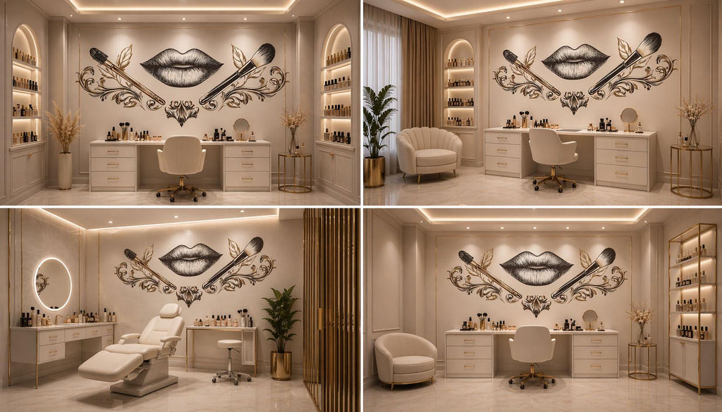 Black Gold Lips Wall Decal Makeup Brush Wall Sticker Luxury Beauty Salon Wall Decor Glam Makeup Artist Studio Decor Baroque Salon Wall Art
