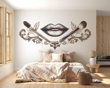 Load image into Gallery viewer, Black Gold Lips Wall Decal Makeup Brush Wall Sticker Luxury Beauty Salon Wall Decor Glam Makeup Artist Studio Decor Baroque Salon Wall Art