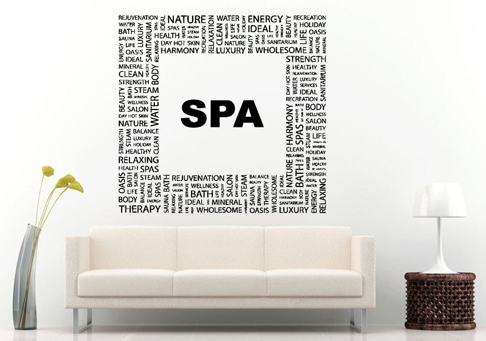 Spa Salon Relaxation Words Square Shape Typography Wall Decal Vinyl Sticker Mural Room Decor L672