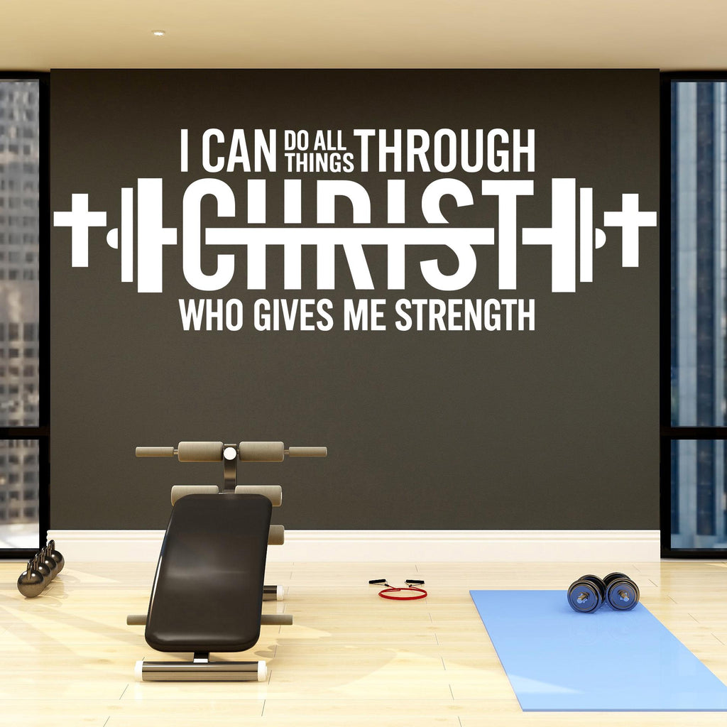 Christian Gym Wall Decal, I Can Do All Things Through Christ, Faith Fitness Motivation Vinyl Sticker, Religious Home Gym Wall Decor 815LU