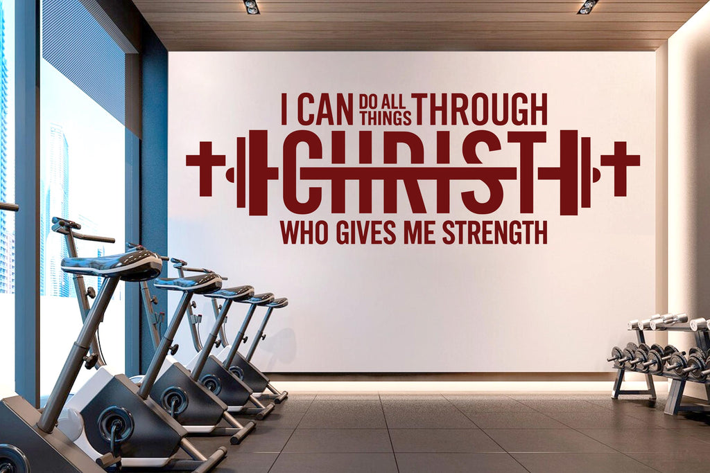 Christian Gym Wall Decal, I Can Do All Things Through Christ, Faith Fitness Motivation Vinyl Sticker, Religious Home Gym Wall Decor 815LU