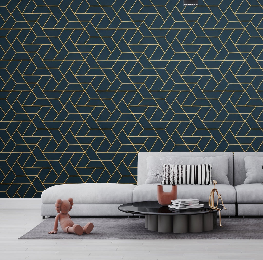 Retro Geometric Teal & Gold Wallpaper, Art Deco Mid‑Century Wall Mural, Luxury Modern Interior Design for Living Room or Office 814LU