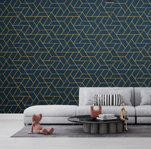 Load image into Gallery viewer, Retro Geometric Teal &amp; Gold Wallpaper, Art Deco Mid‑Century Wall Mural, Luxury Modern Interior Design for Living Room or Office 814LU