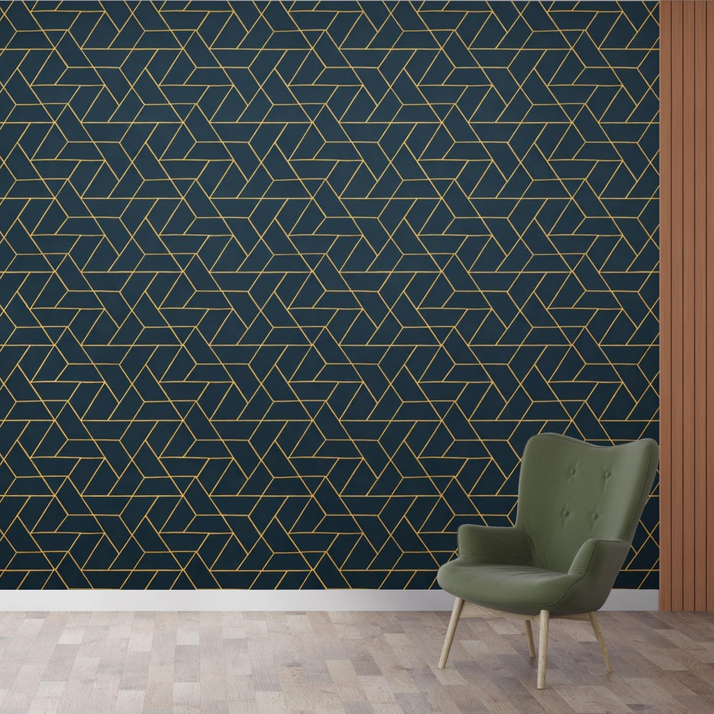 Retro Geometric Teal & Gold Wallpaper, Art Deco Mid‑Century Wall Mural, Luxury Modern Interior Design for Living Room or Office 814LU
