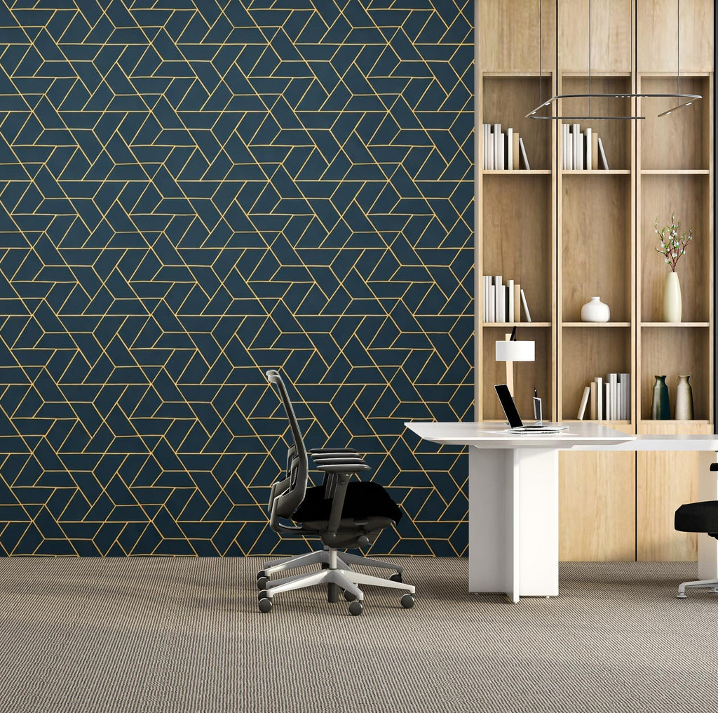 Retro Geometric Teal & Gold Wallpaper, Art Deco Mid‑Century Wall Mural, Luxury Modern Interior Design for Living Room or Office 814LU
