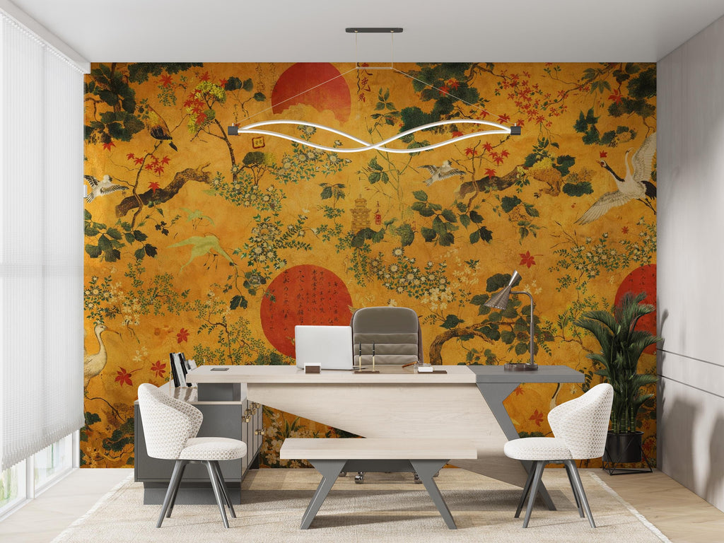 Chinoiserie Crane Wallpaper Mural, Japanese Style Wall Mural, Gold Asian Wallpaper, Vintage Oriental Birds Wallpaper, Japandi Wall Decor 8LU