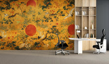 Load image into Gallery viewer, Chinoiserie Crane Wallpaper Mural, Japanese Style Wall Mural, Gold Asian Wallpaper, Vintage Oriental Birds Wallpaper, Japandi Wall Decor 8LU