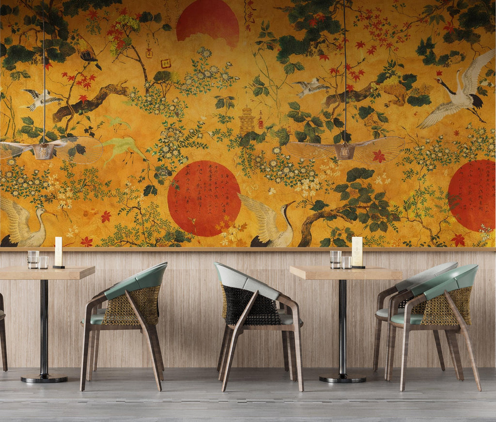 Chinoiserie Crane Wallpaper Mural, Japanese Style Wall Mural, Gold Asian Wallpaper, Vintage Oriental Birds Wallpaper, Japandi Wall Decor 8LU