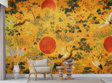 Load image into Gallery viewer, Chinoiserie Crane Wallpaper Mural, Japanese Style Wall Mural, Gold Asian Wallpaper, Vintage Oriental Birds Wallpaper, Japandi Wall Decor 8LU