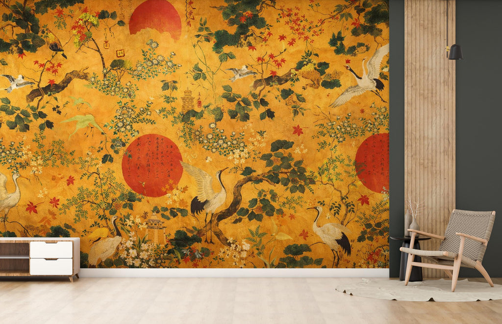 Chinoiserie Crane Wallpaper Mural, Japanese Style Wall Mural, Gold Asian Wallpaper, Vintage Oriental Birds Wallpaper, Japandi Wall Decor 8LU