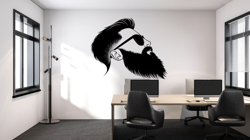 Bearded Man With Sunglasses Wall Decal, Barber Shop Wall Decor, Beard Logo Sticker, Mens Grooming Wall Art, Modern Barbershop Interior