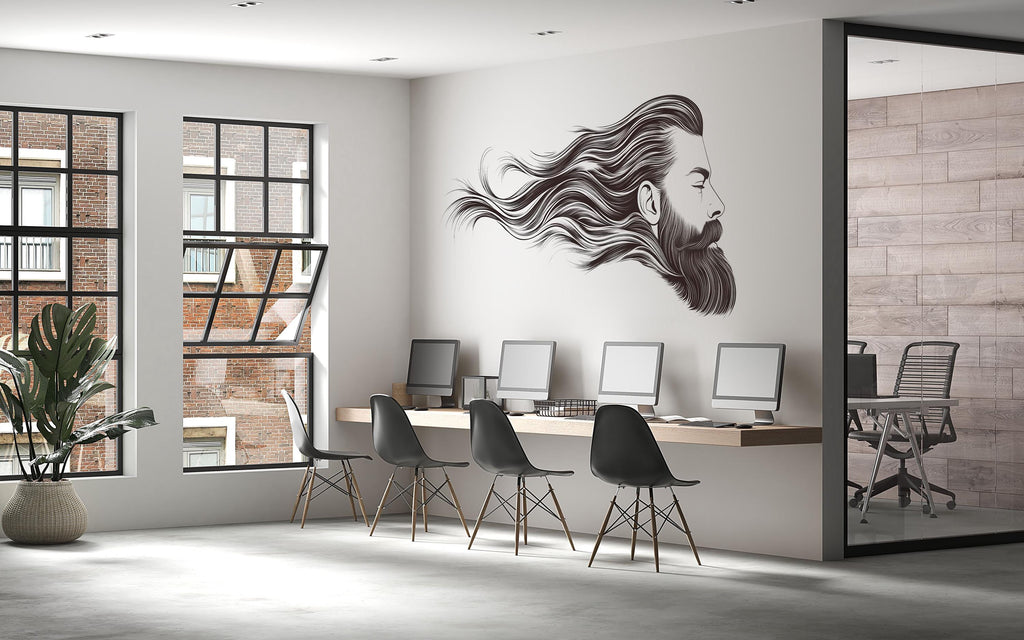 Bearded Man Wall Decal, Barber Shop Wall Decor, Flowing Hair Line Art Sticker, Mens Grooming Wall Art, Modern Barbershop Interior Design
