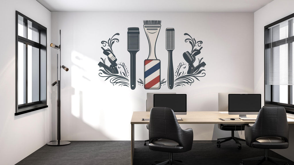 Barber Tools Wall Decal, Clipper Comb Wall Sticker, Barbershop Wall Decor, Hair Salon Wall Art, Mens Grooming Vinyl Decal, Barber Interior