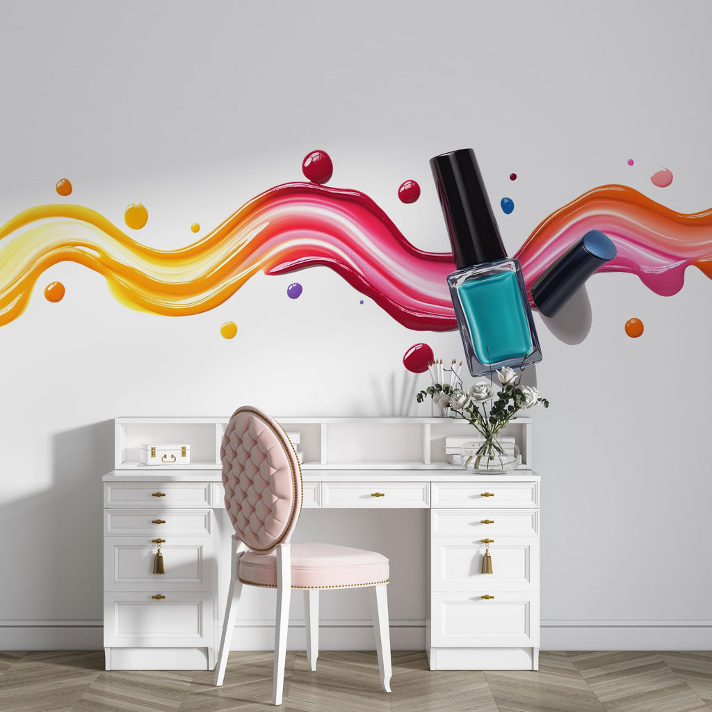 Colorful Nail Polish Wall Decal Nail Salon Wall Sticker Beauty Studio Decor Rainbow Splash Wall Art Manicure Studio Vinyl Wall Decal