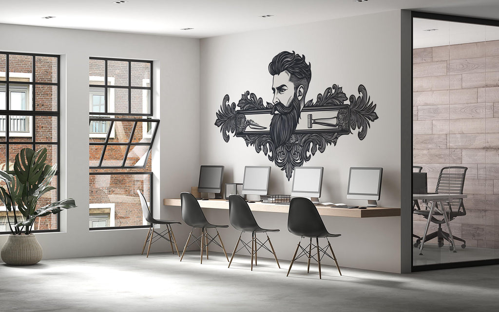 Vintage Barber Portrait Wall Decal, Luxury Barbershop Wall Decor, Bearded Man Barber Art Sticker, Classic Grooming Wall Art