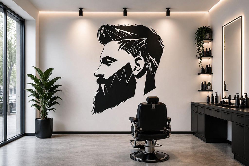 Geometric Barber Wall Decal, Beard Silhouette Wall Art, Modern Barbershop Wall Decor, Haircut Style Sticker, Mens Grooming Salon Wall Decal