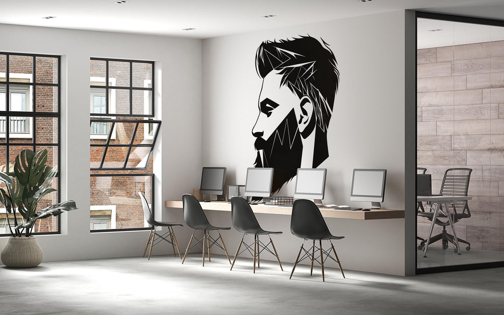 Geometric Barber Wall Decal, Beard Silhouette Wall Art, Modern Barbershop Wall Decor, Haircut Style Sticker, Mens Grooming Salon Wall Decal
