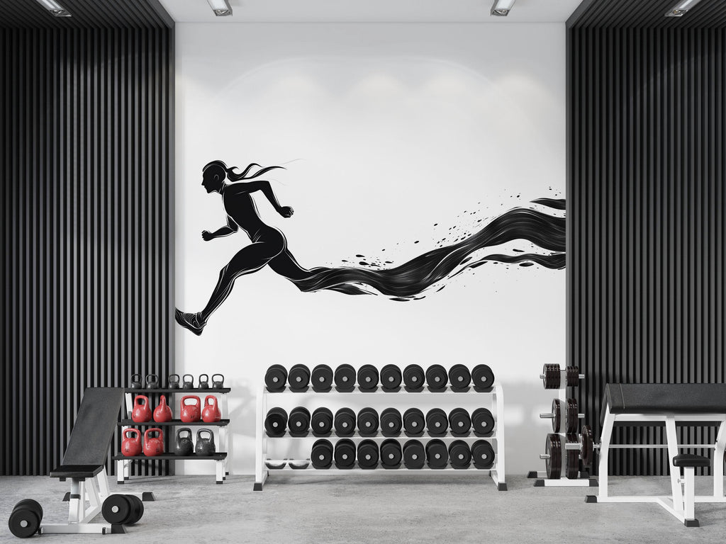 Running Woman Wall Decal Fitness Wall Art Gym Mural Runner Silhouette Vinyl Sticker Modern Gym Decor Cardio Motivation Workout Wall Decor
