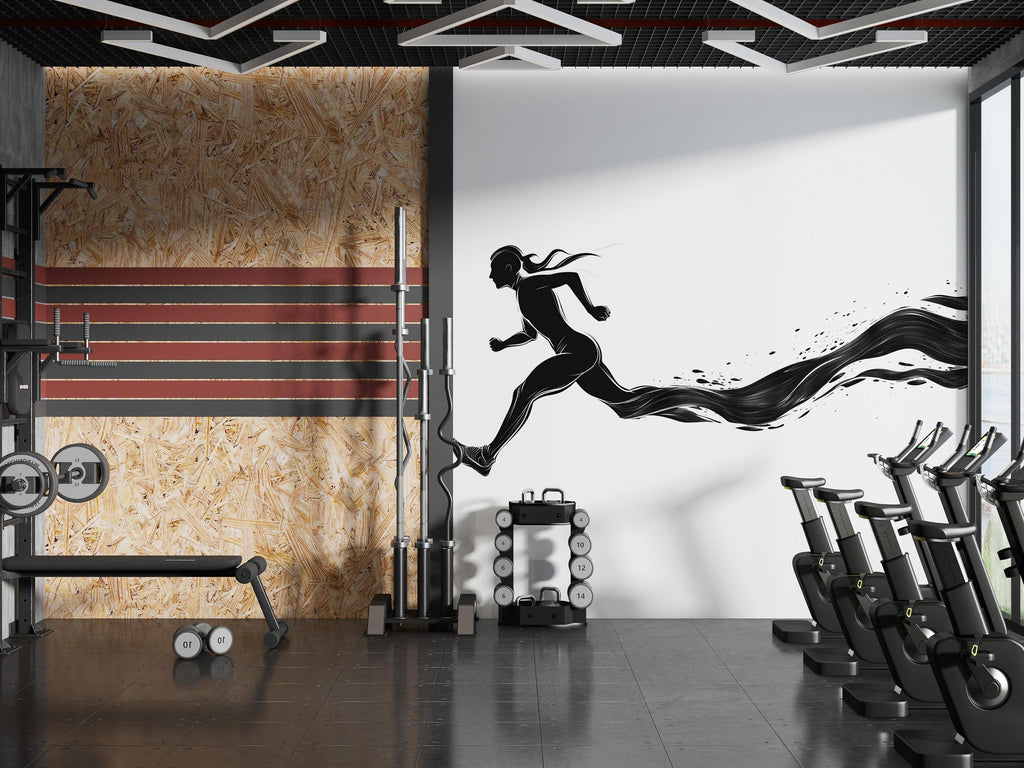 Running Woman Wall Decal Fitness Wall Art Gym Mural Runner Silhouette Vinyl Sticker Modern Gym Decor Cardio Motivation Workout Wall Decor