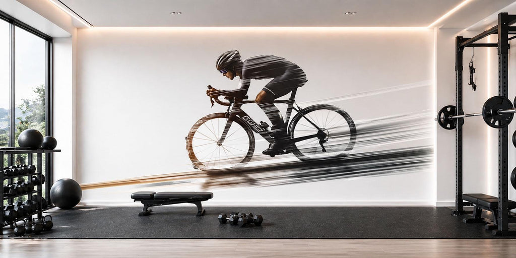 Cyclist Wall Decal Gym Wall Art Cycling Mural Bike Rider Vinyl Sticker Fitness Wall Decor Speed Motion Spin Studio Home Gym Decor