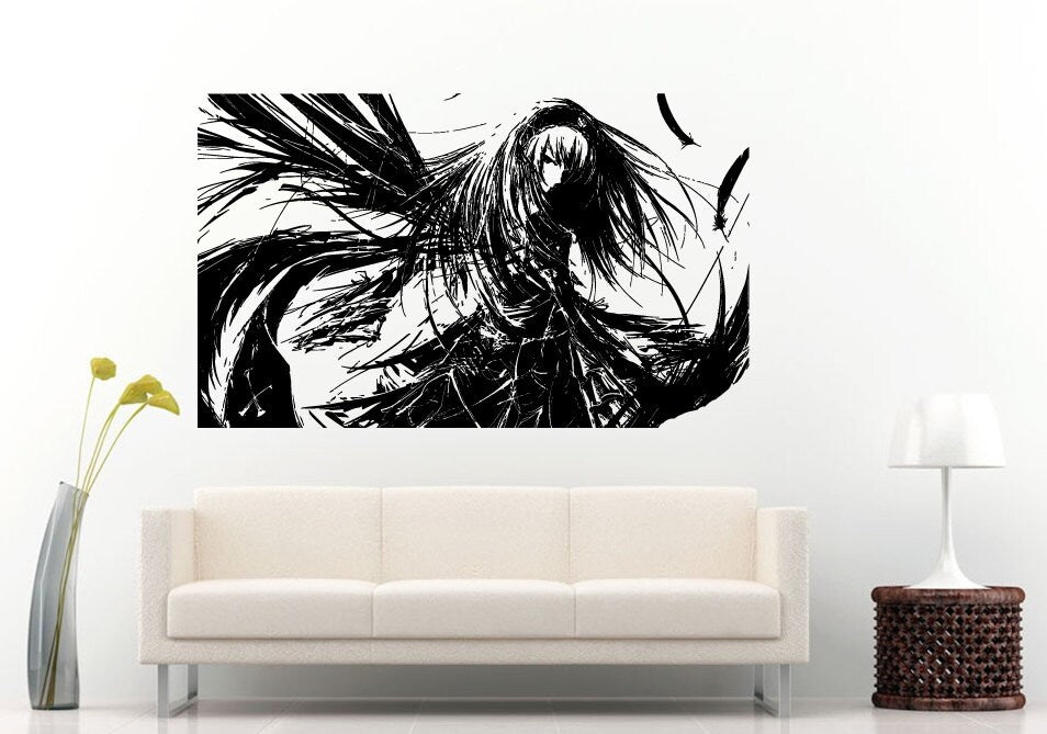 Anime Woman Long Hair And Wavy Dress Poster Wall Decal Vinyl Sticker Mural Room Decor L684