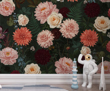 Load image into Gallery viewer, Dramatic Dark Floral Wall Mural, Peonies Roses Peel and Stick Wallpaper, Living Room Accent Wall, Botanical Wall Decor 402DE