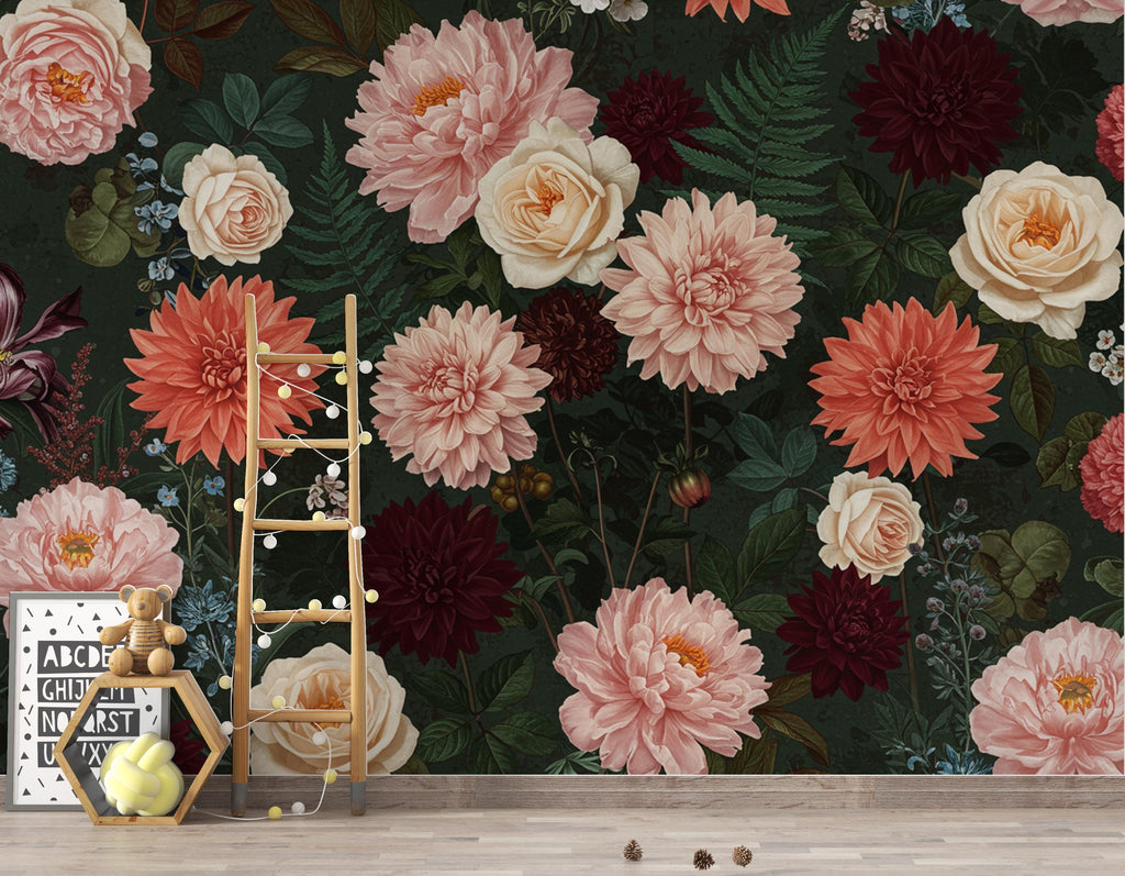 Dramatic Dark Floral Wall Mural, Peonies Roses Peel and Stick Wallpaper, Living Room Accent Wall, Botanical Wall Decor 402DE