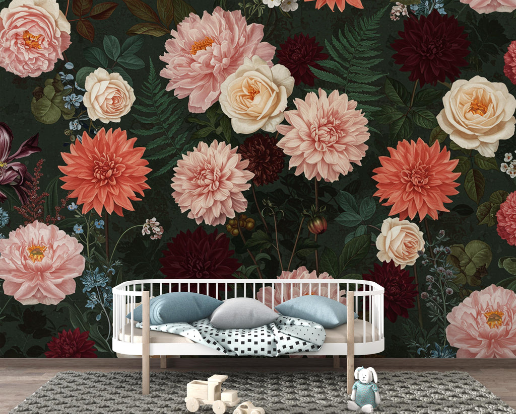 Dramatic Dark Floral Wall Mural, Peonies Roses Peel and Stick Wallpaper, Living Room Accent Wall, Botanical Wall Decor 402DE