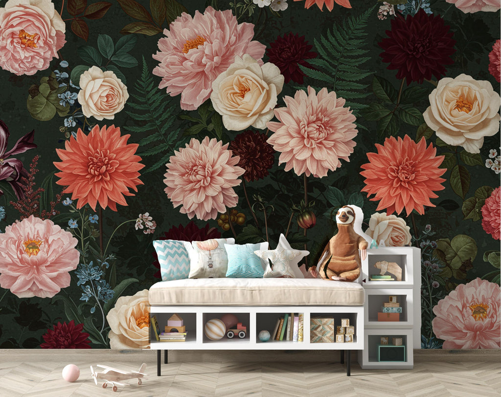 Dramatic Dark Floral Wall Mural, Peonies Roses Peel and Stick Wallpaper, Living Room Accent Wall, Botanical Wall Decor 402DE