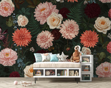 Load image into Gallery viewer, Dramatic Dark Floral Wall Mural, Peonies Roses Peel and Stick Wallpaper, Living Room Accent Wall, Botanical Wall Decor 402DE