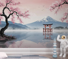 Load image into Gallery viewer, Japanese Cherry Blossom Wallpaper Wall Mural, Mount Fuji Peel and Stick Wallpaper, Living Room Wall, Zen Panoramic Wall Decor 404DE