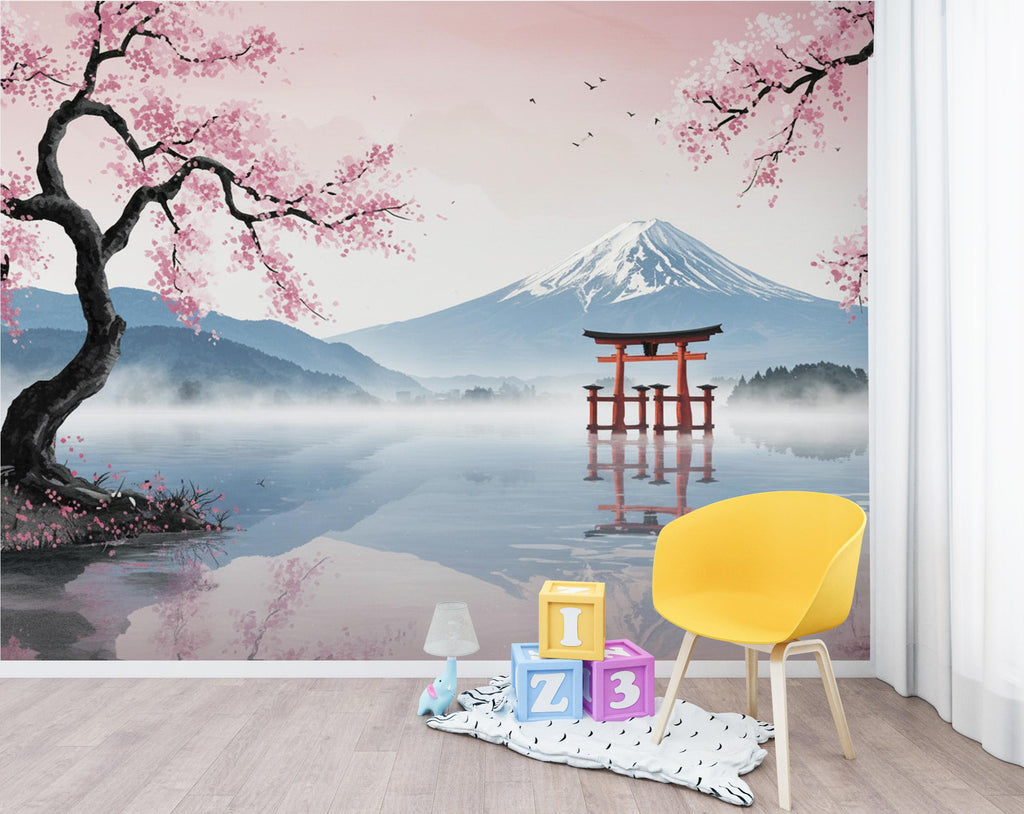 Japanese Cherry Blossom Wallpaper Wall Mural, Mount Fuji Peel and Stick Wallpaper, Living Room Wall, Zen Panoramic Wall Decor 404DE