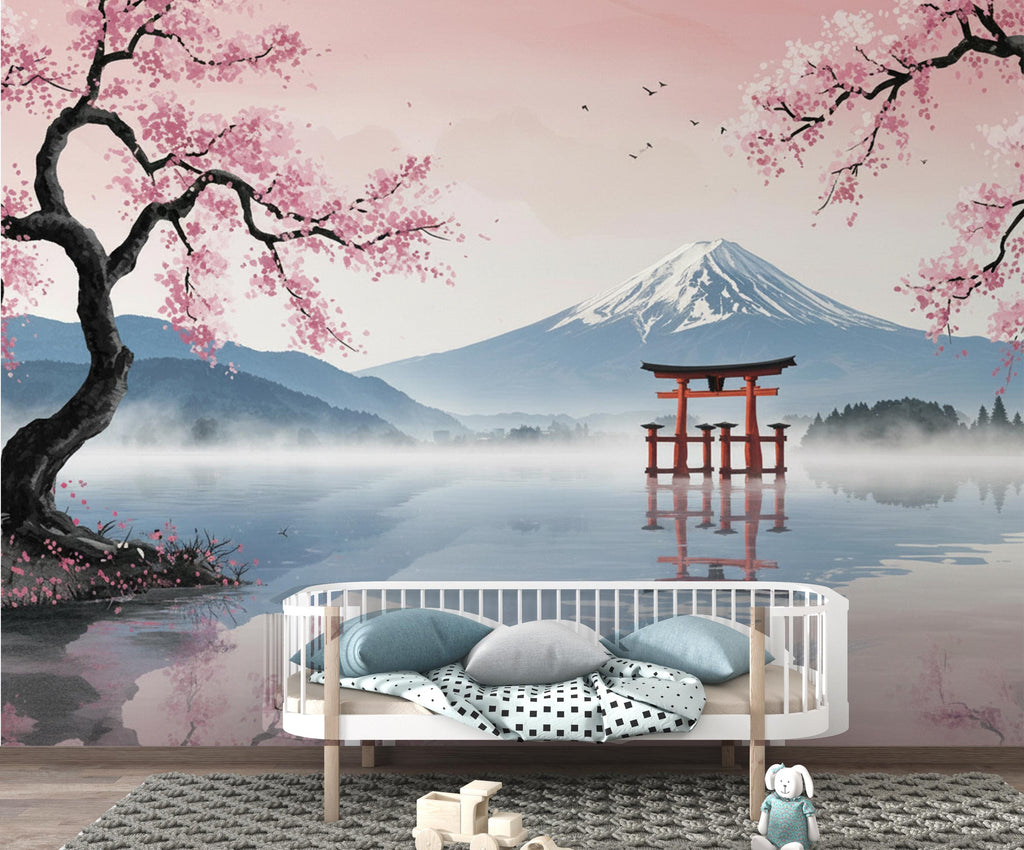 Japanese Cherry Blossom Wallpaper Wall Mural, Mount Fuji Peel and Stick Wallpaper, Living Room Wall, Zen Panoramic Wall Decor 404DE