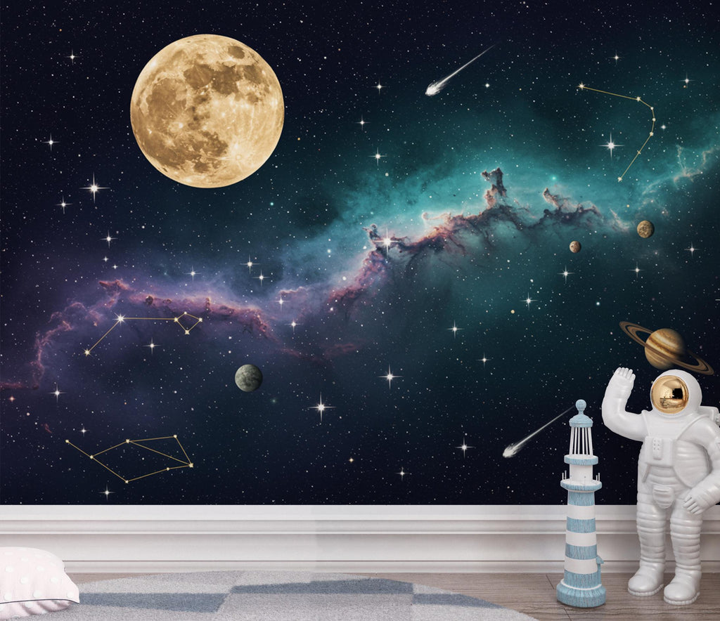 Celestial Moon Wallpaper Wall Mural, Galaxy Nebula Peel and Stick Wallpaper, Living Room Wall, Night Sky Constellation, Cosmic Space 405DE