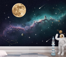 Load image into Gallery viewer, Celestial Moon Wallpaper Wall Mural, Galaxy Nebula Peel and Stick Wallpaper, Living Room Wall, Night Sky Constellation, Cosmic Space 405DE