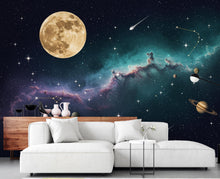Load image into Gallery viewer, Celestial Moon Wallpaper Wall Mural, Galaxy Nebula Peel and Stick Wallpaper, Living Room Wall, Night Sky Constellation, Cosmic Space 405DE