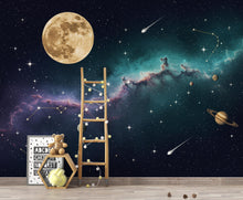 Load image into Gallery viewer, Celestial Moon Wallpaper Wall Mural, Galaxy Nebula Peel and Stick Wallpaper, Living Room Wall, Night Sky Constellation, Cosmic Space 405DE