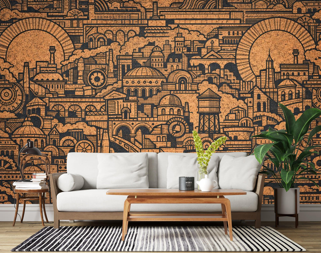 Cityscape Wallpaper Mural, Industrial Line Art Wall Mural, Urban Architecture Wallpaper, Modern Wall Decor, Peel and Stick Wallpaper 821LU