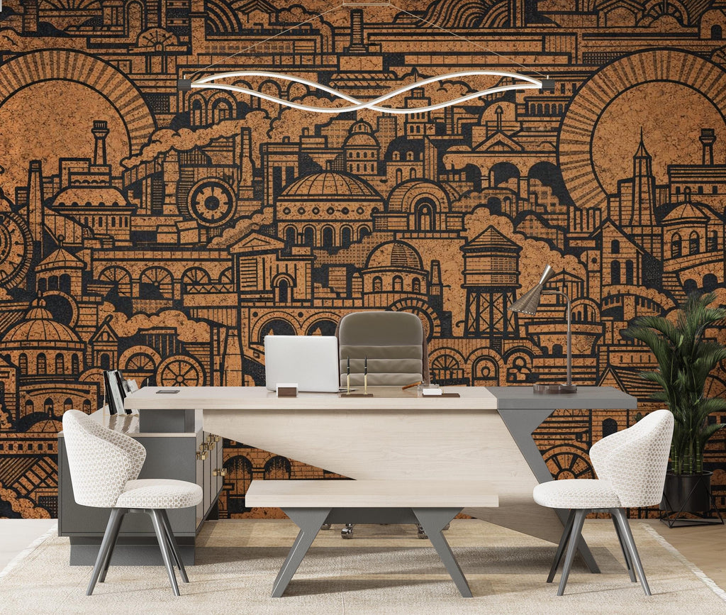 Cityscape Wallpaper Mural, Industrial Line Art Wall Mural, Urban Architecture Wallpaper, Modern Wall Decor, Peel and Stick Wallpaper 821LU