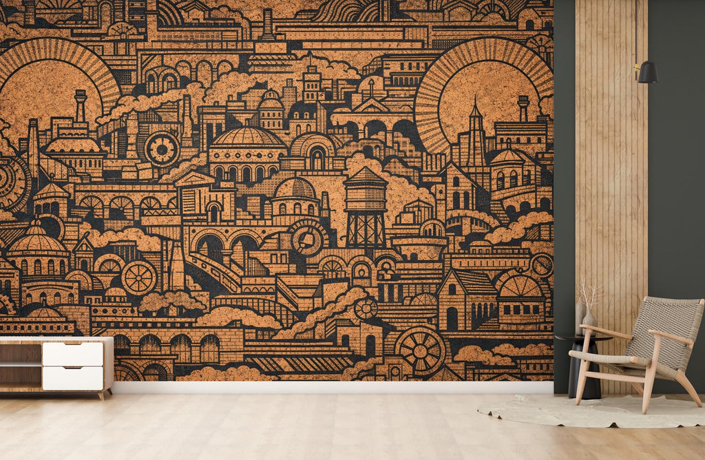 Cityscape Wallpaper Mural, Industrial Line Art Wall Mural, Urban Architecture Wallpaper, Modern Wall Decor, Peel and Stick Wallpaper 821LU