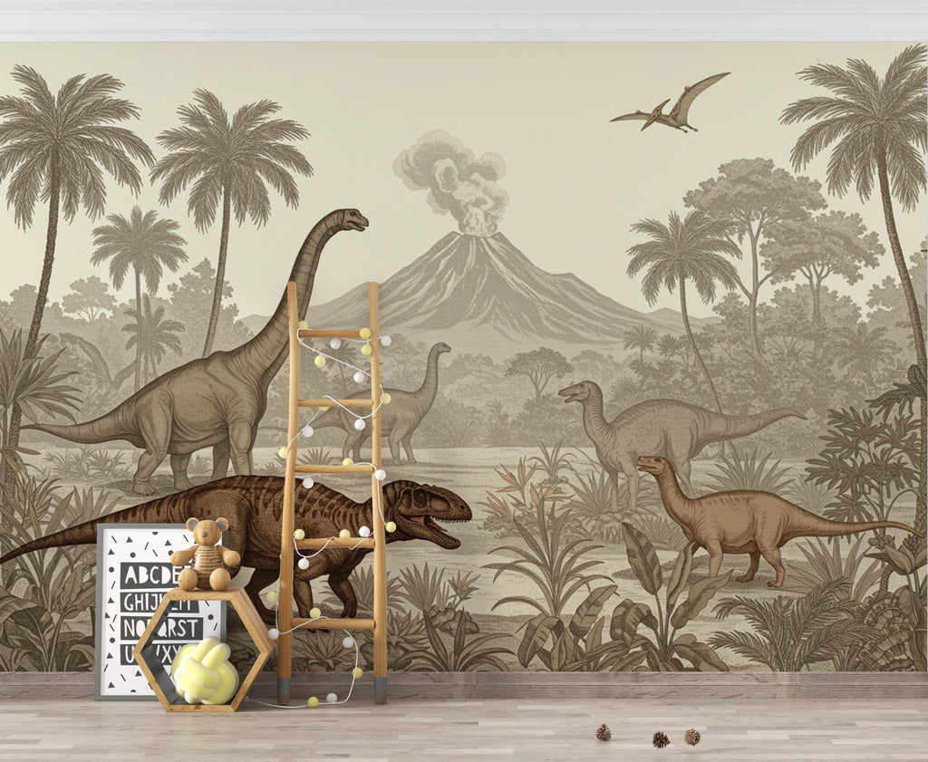 Prehistoric Jungle Wallpaper – Vintage Dinosaur Peel and stick Jungle wall decor 391DE
