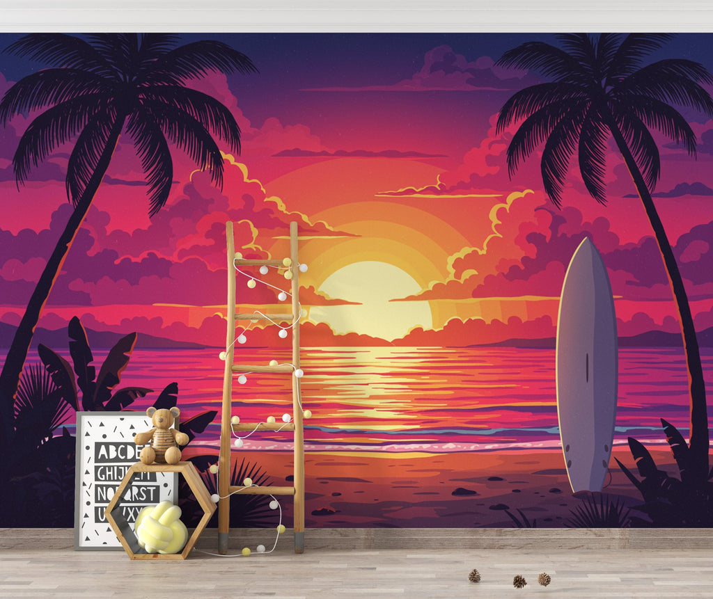 Retro Tropical Sunset Beach Wallpaper, 80s Synthwave Ocean Peel and stick, Palm Tree Wall Mural, Vibrant Neon Coastal Decor, Surfboard 392DE