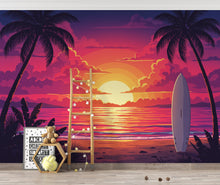 Load image into Gallery viewer, Retro Tropical Sunset Beach Wallpaper, 80s Synthwave Ocean Peel and stick, Palm Tree Wall Mural, Vibrant Neon Coastal Decor, Surfboard 392DE