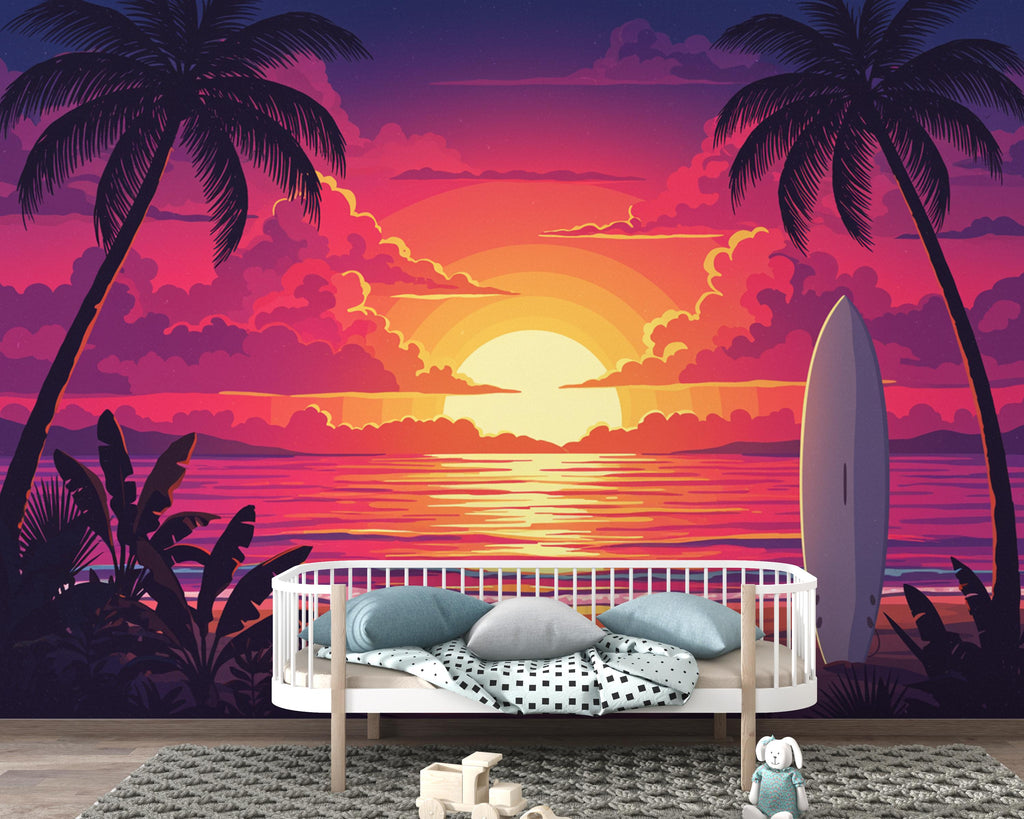 Retro Tropical Sunset Beach Wallpaper, 80s Synthwave Ocean Peel and stick, Palm Tree Wall Mural, Vibrant Neon Coastal Decor, Surfboard 392DE