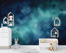 Load image into Gallery viewer, Dreamy Watercolor Galaxy Wallpaper, Navy Blue Teal Nebula Wall Art, Cosmic Night Sky Mural, Celestial Space Decor